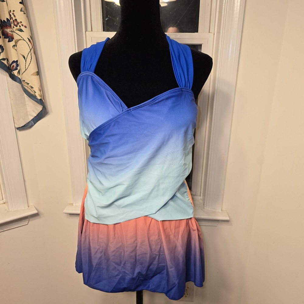 Ombre Swim Top Halter‎ Criss Cross Back Blue Orange Swim Top